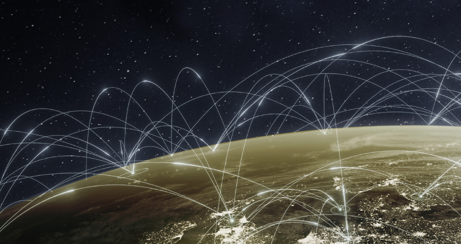 image of earth from space, with arched lines showing interconnectivity